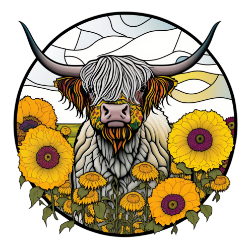 (s150-12-1E)  Stained Glass Highland Cow Sunflowers