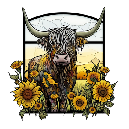 (s150-12-1F)  Stained Glass Highland Cow Sunflowers