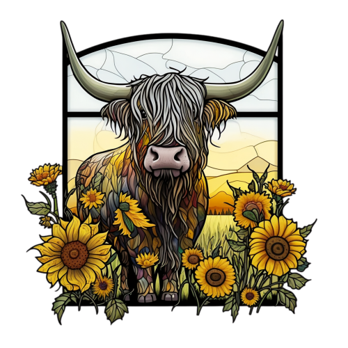 (s150-12-1F)  Stained Glass Highland Cow Sunflowers