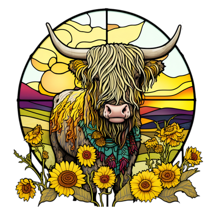 (s150-12-1G) Stained Glass Highland Cow Sunflowers