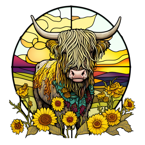 (s150-12-1G) Stained Glass Highland Cow Sunflowers