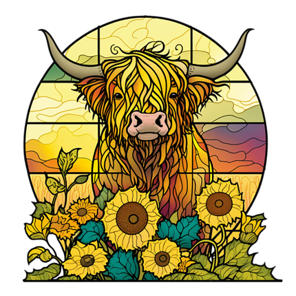 (s150-12-1H) Stained Glass Highland Cow Sunflowers