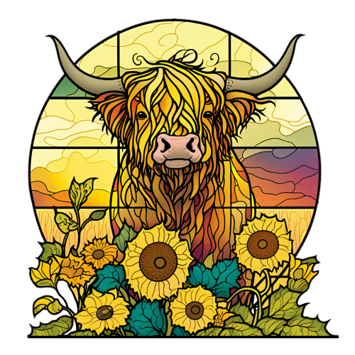 (s150-12-1H) Stained Glass Highland Cow Sunflowers