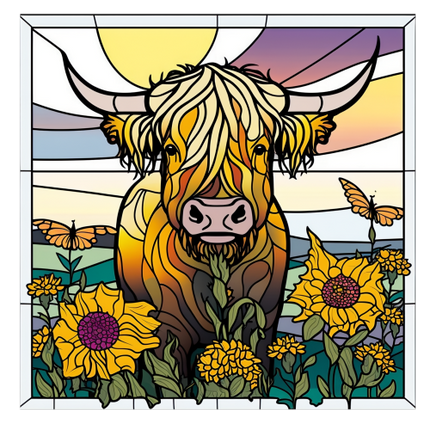 (s150-12-1I)  Stained Glass Highland Cow Sunflowers