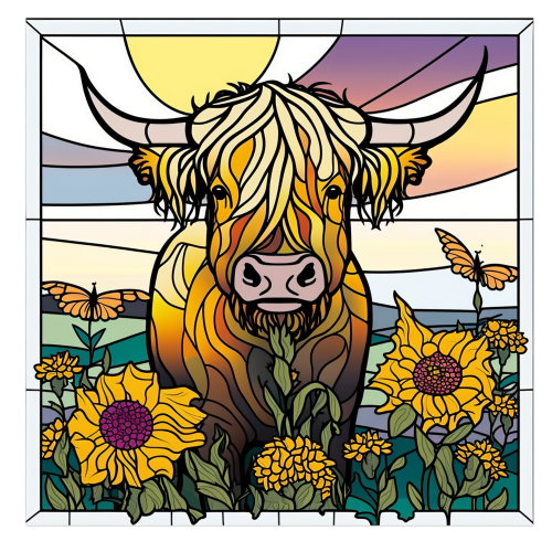 (s150-12-1I)  Stained Glass Highland Cow Sunflowers