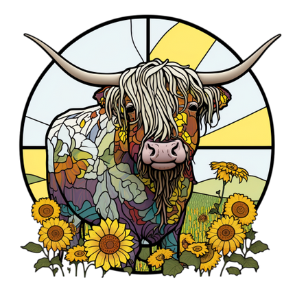 (s150-12-1J)  Stained Glass Highland Cow Sunflowers