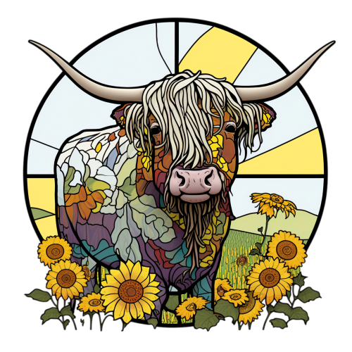 (s150-12-1J)  Stained Glass Highland Cow Sunflowers