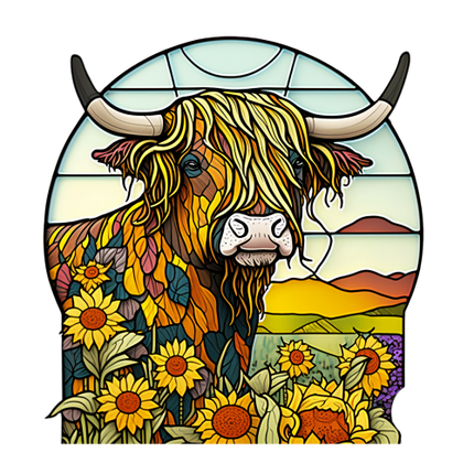 (s150-12-1K)  Stained Glass Highland Cow Sunflowers
