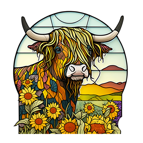 (s150-12-1K)  Stained Glass Highland Cow Sunflowers