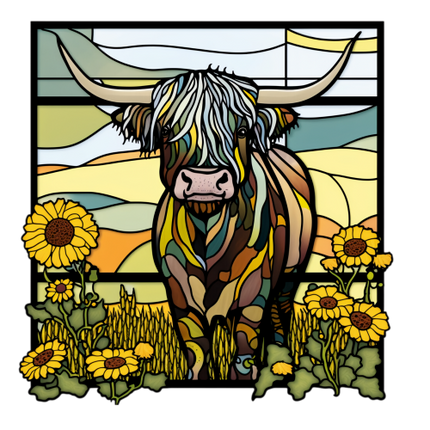 (s150-12-1L)  Stained Glass Highland Cow Sunflowers