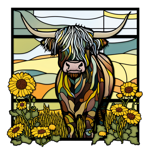 (s150-12-1L)  Stained Glass Highland Cow Sunflowers