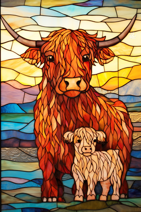 (s150-12-1M)  Stained Glass Mama & Baby Highland  Cow