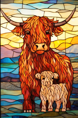 (s150-12-1M)  Stained Glass Mama & Baby Highland  Cow