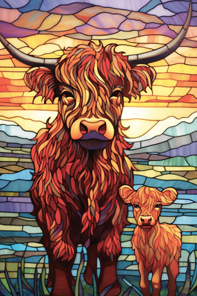 (s150-12-1P)  Stained Glass Mama & Baby Highland Cow