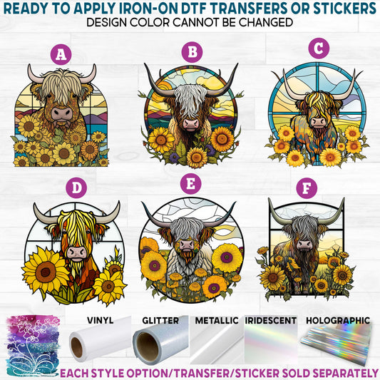 (s150-12) Stained-Glass Highland Cow Sunflowers Style Options