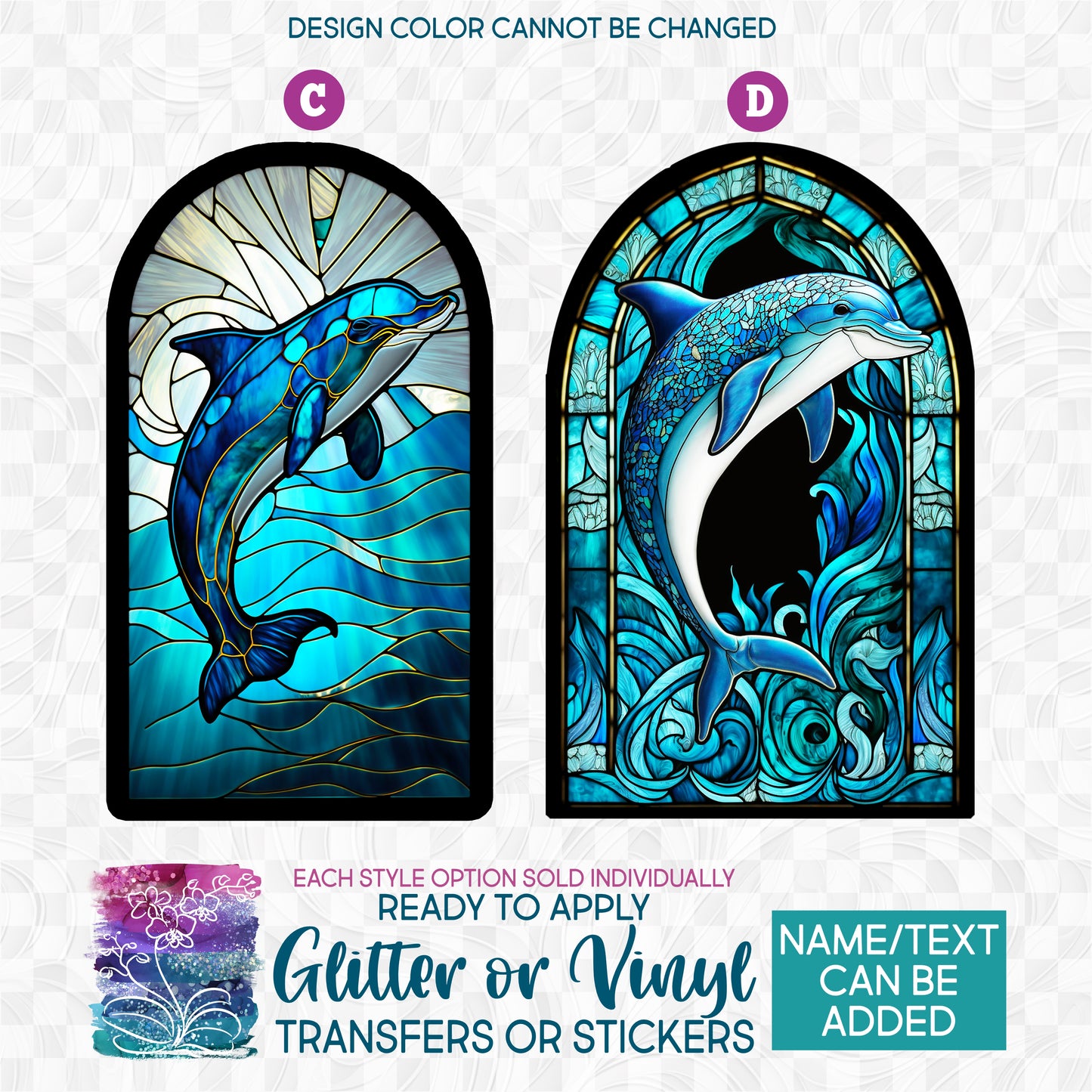 (s150-13) Stained-Glass Dolphin b Glitter or Vinyl Iron-On Transfer or Sticker