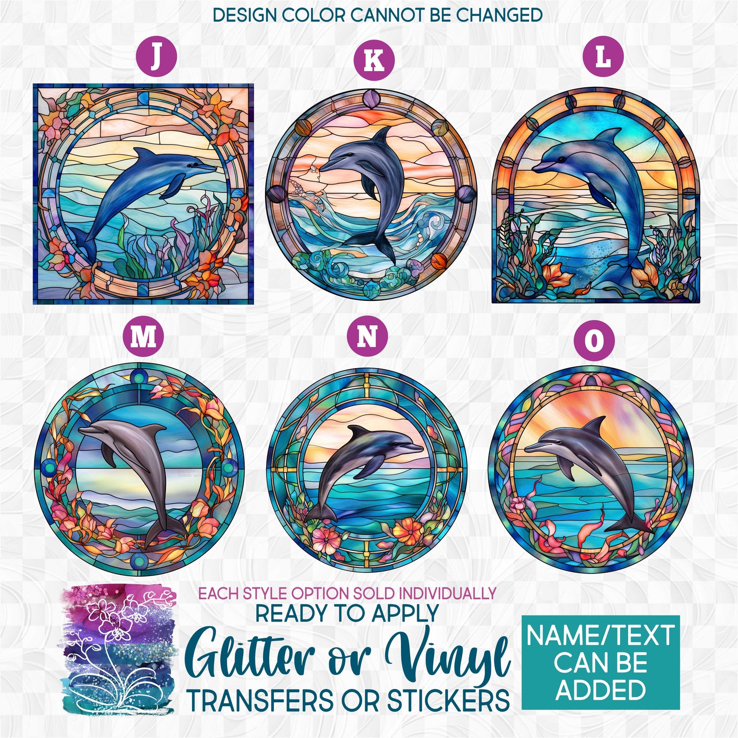(s150-13) Stained-Glass Dolphin e Glitter or Vinyl Iron-On Transfer or Sticker