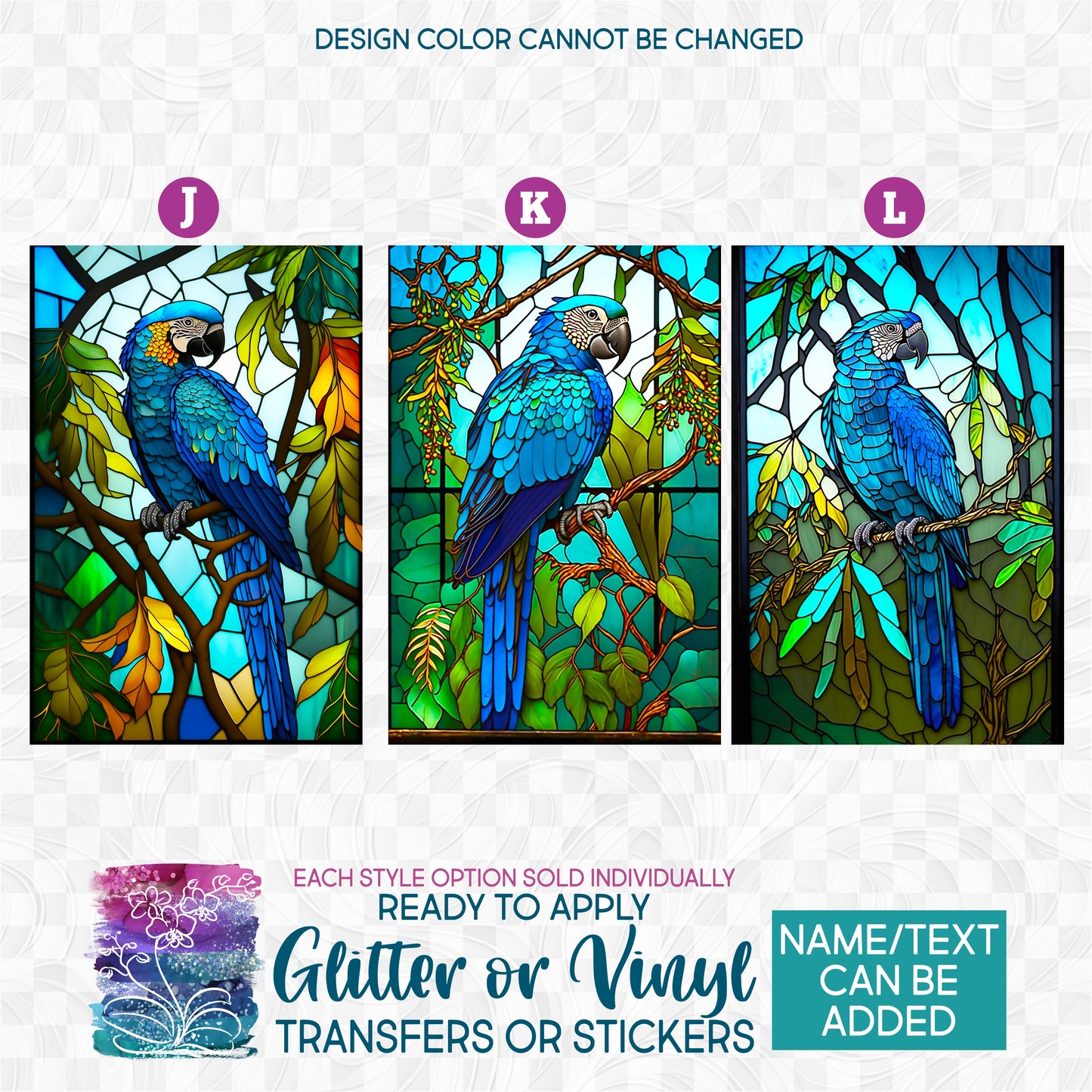 (s150-16) Stained-Glass Blue Gold Hyacinth Macaw a Glitter or Vinyl Iron-On Transfer or Sticker