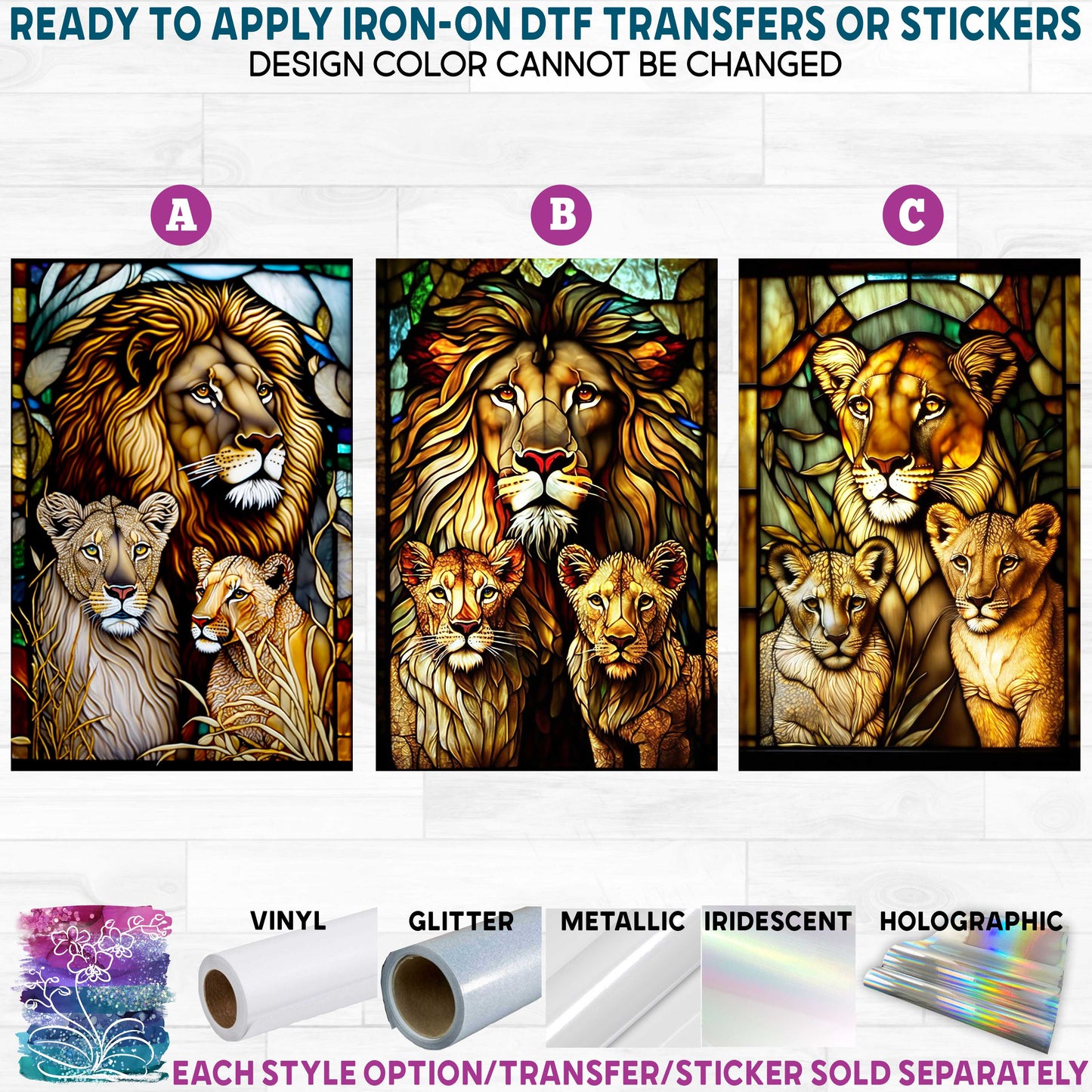 (s150-17) Stained-Glass Lion Lioness Cub a Printed Heat Transfer or Sticker