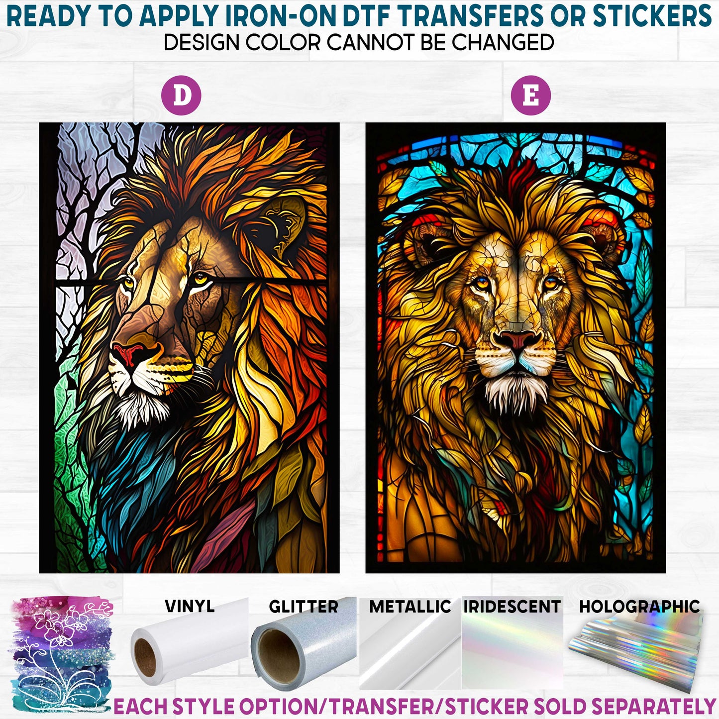 (s150-17) Stained-Glass Lion Lioness Cub b Printed Heat Transfer or Sticker