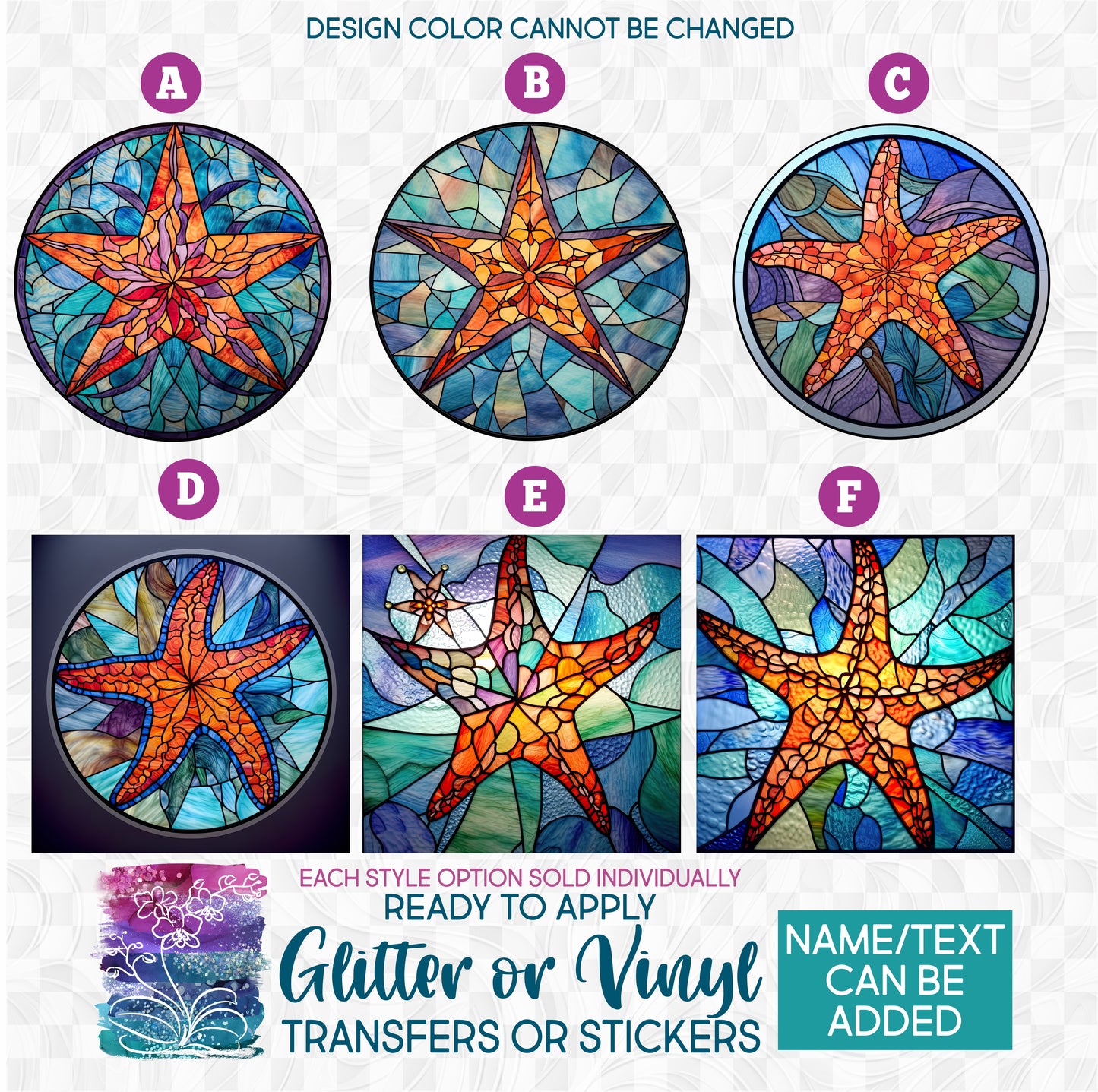 (s150-22) Stained-Glass Starfish Glitter or Vinyl Iron-On Transfer or Sticker