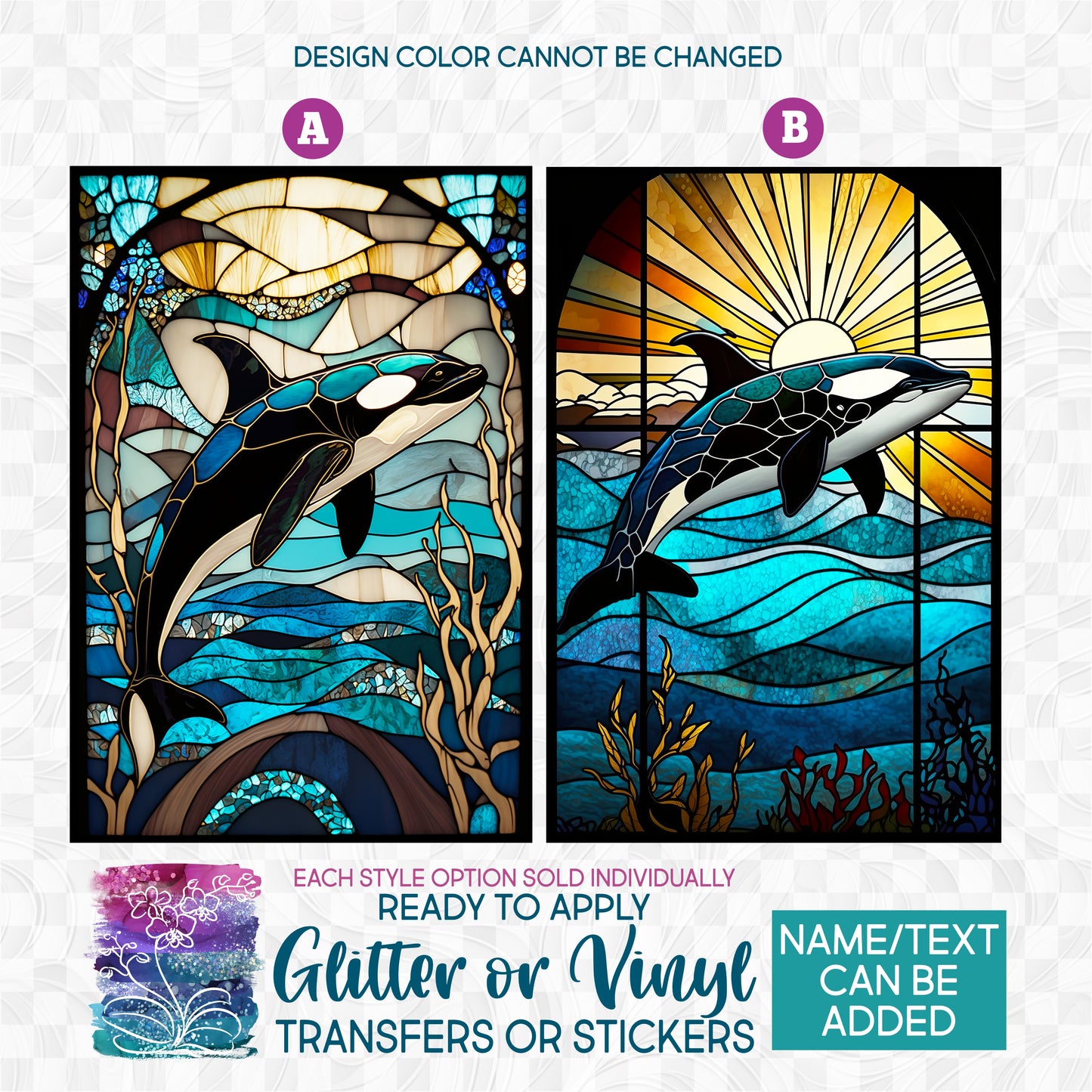 (s150-23) Stained-Glass Orca Killer Whale Glitter or Vinyl Iron-On Transfer or Sticker