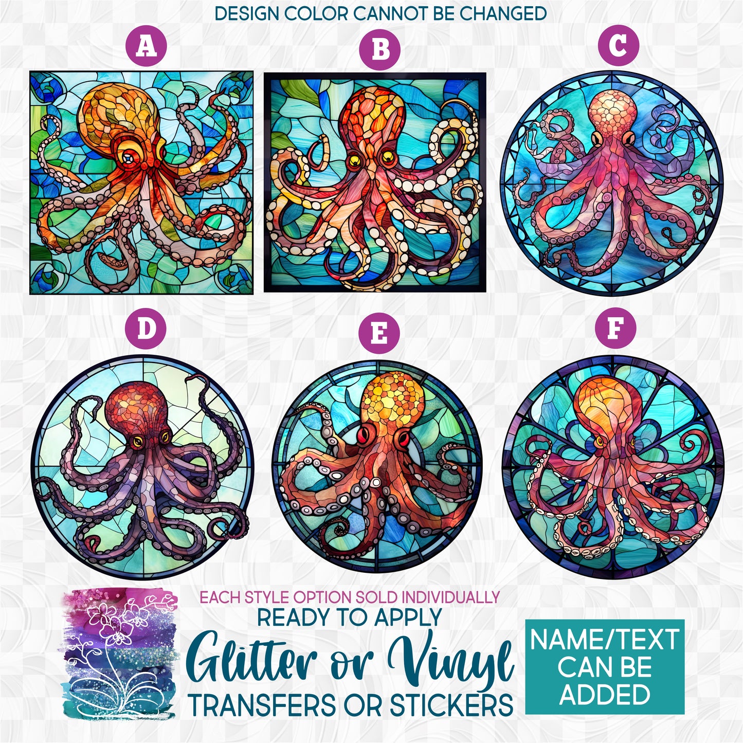 (s150-25) Stained-Glass Octopus Octopi Glitter or Vinyl Iron-On Transfer or Sticker