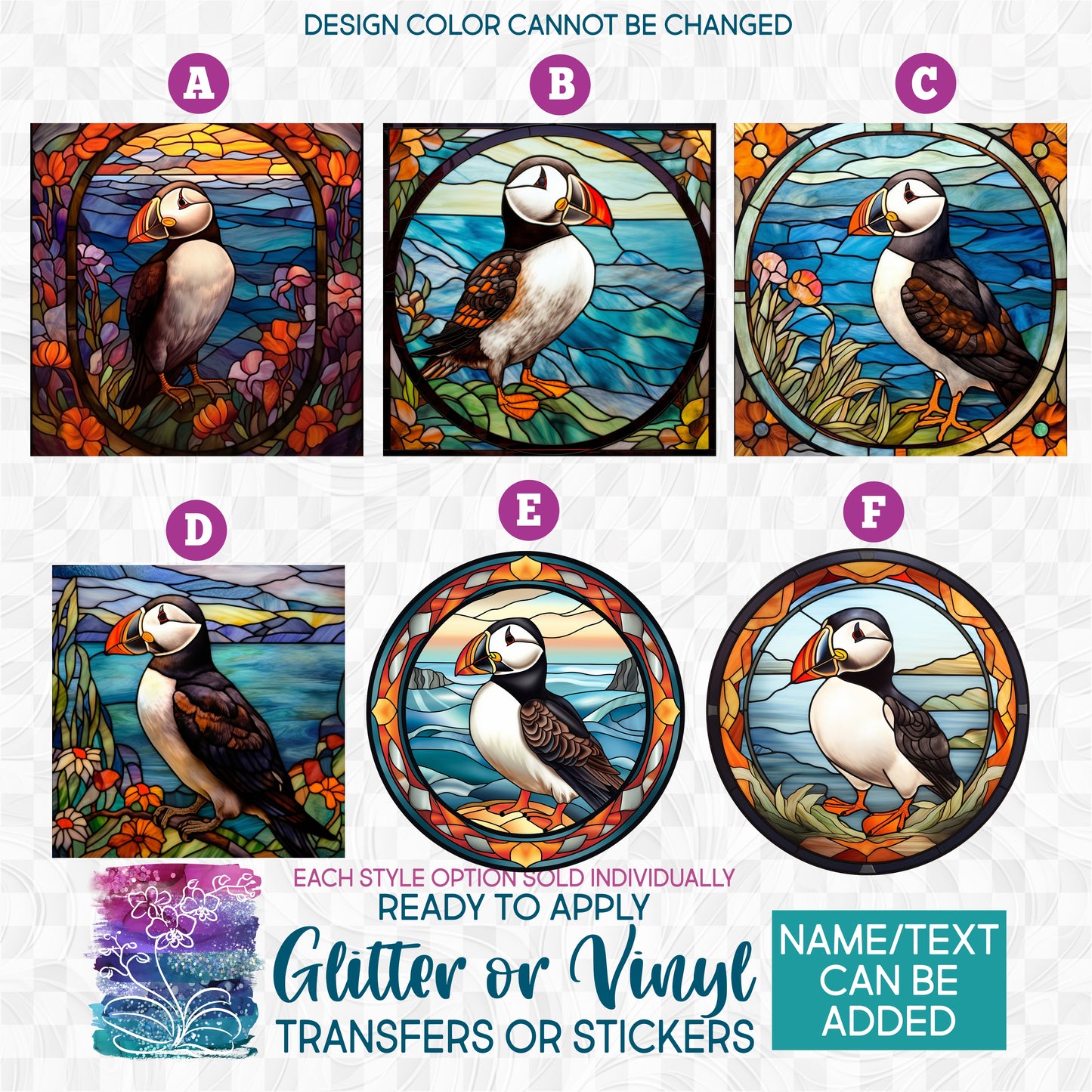 (s150-26) Stained-Glass Puffin Puffins Glitter or Vinyl Iron-On Transfer or Sticker