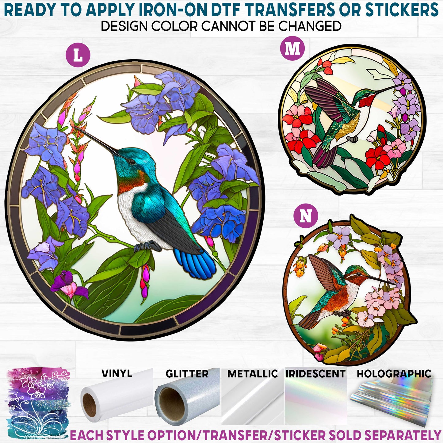 (s150-03) Stained-Glass Style Hummingbirds Hummingbird Printed Heat Transfer or Sticker