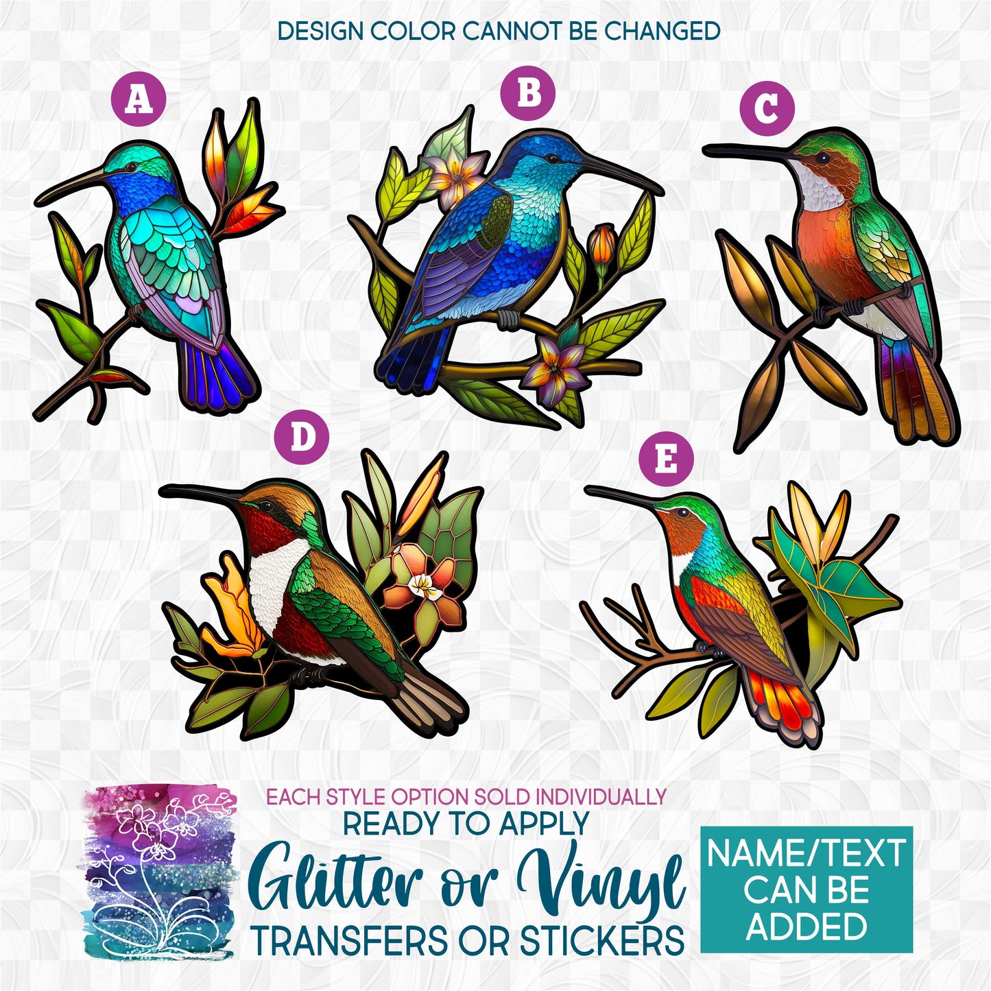 (s150-03) Stained-Glass Hummingbird Glitter or Vinyl Iron-On Transfer or Sticker