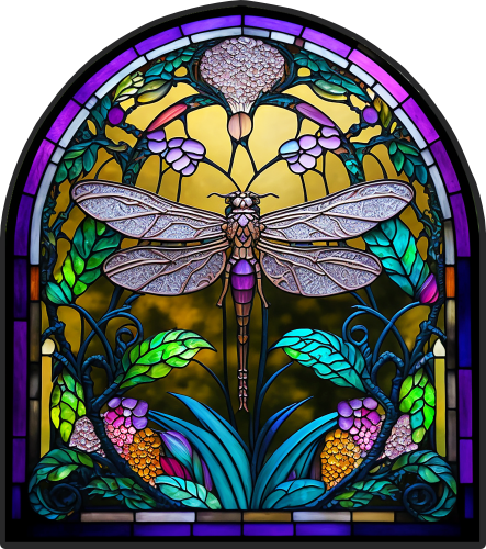 (s150-04-1M)  Stained Glass Dragonfly Flowers