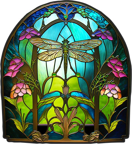 (s150-04-1N)  Stained Glass Dragonfly Flowers
