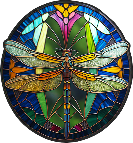 (s150-04-1O)  Stained Glass Dragonfly Flowers