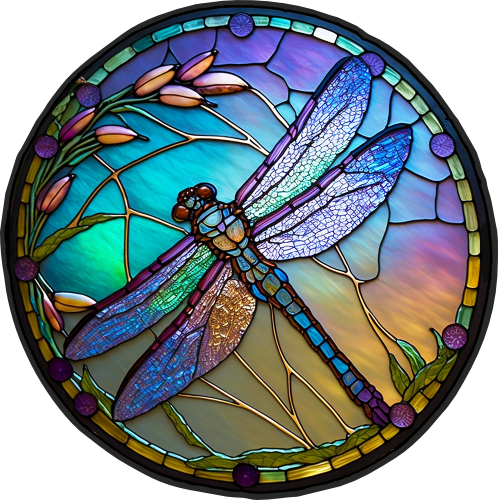 (s150-04-1P)  Stained Glass Dragonfly Flowers