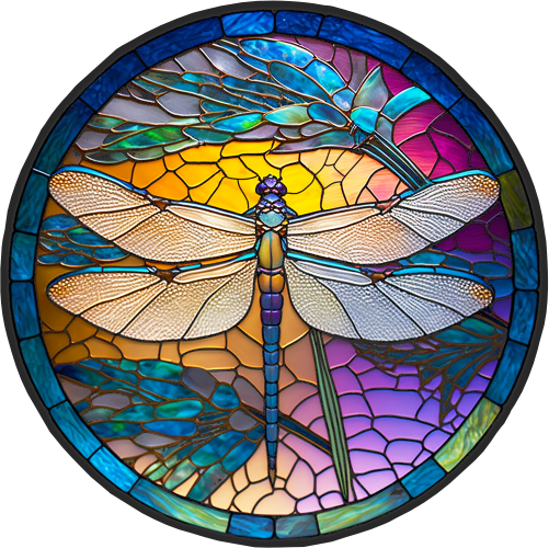 (s150-04-1Q)  Stained Glass Dragonfly Flowers