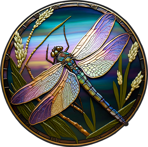 (s150-04-1S)  Stained Glass Dragonfly Flowers