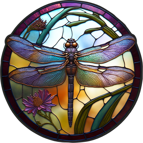 (s150-04-1T)  Stained Glass Dragonfly Flowers
