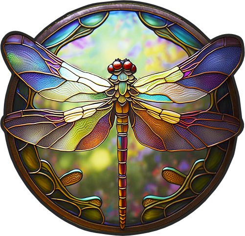 (s150-04-1U)  Stained Glass Dragonfly Flowers