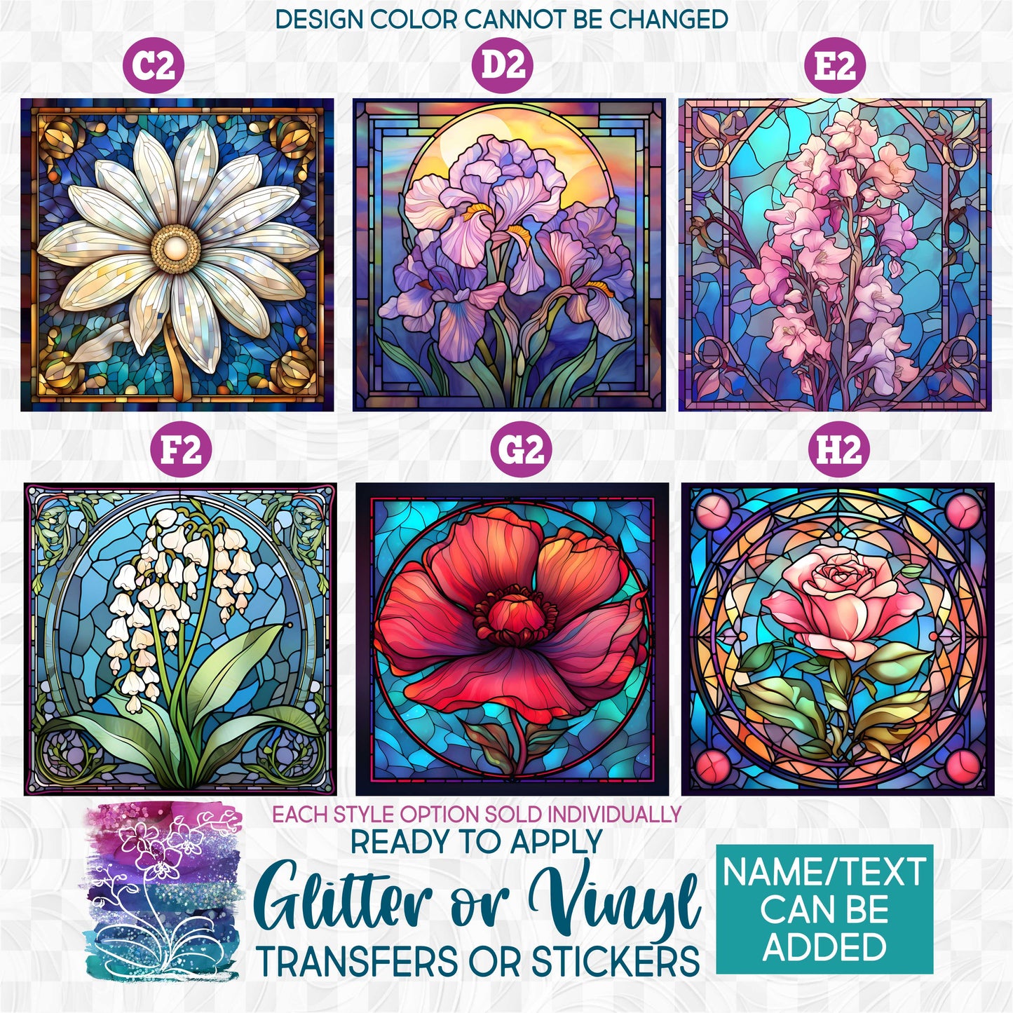 (s150-05) Stained-Glass Birth Month Flowers a Glitter or Vinyl Iron-On Transfer or Sticker