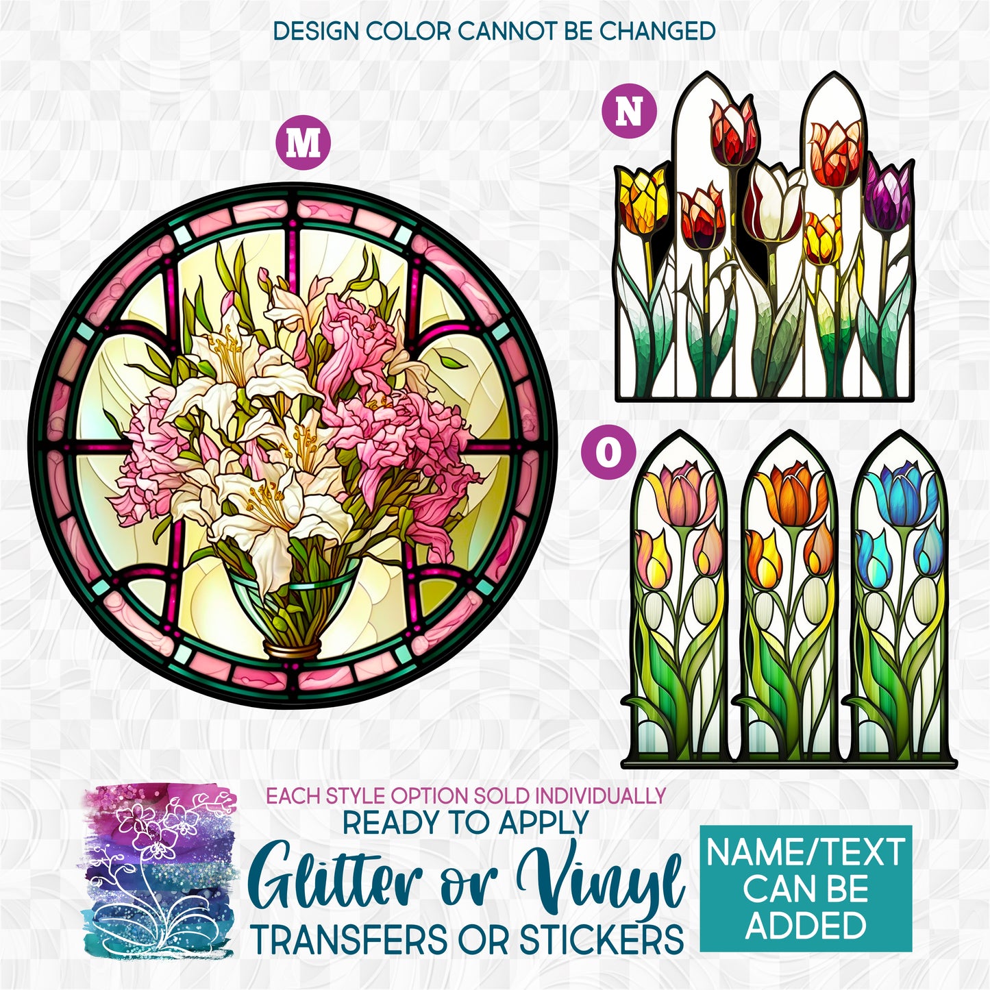 (s150-06) Stained-Glass Flower Lily 2 Glitter or Vinyl Iron-On Transfer or Sticker