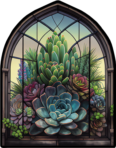 (s150-07-1W) Stained Glass Succulents Cactus
