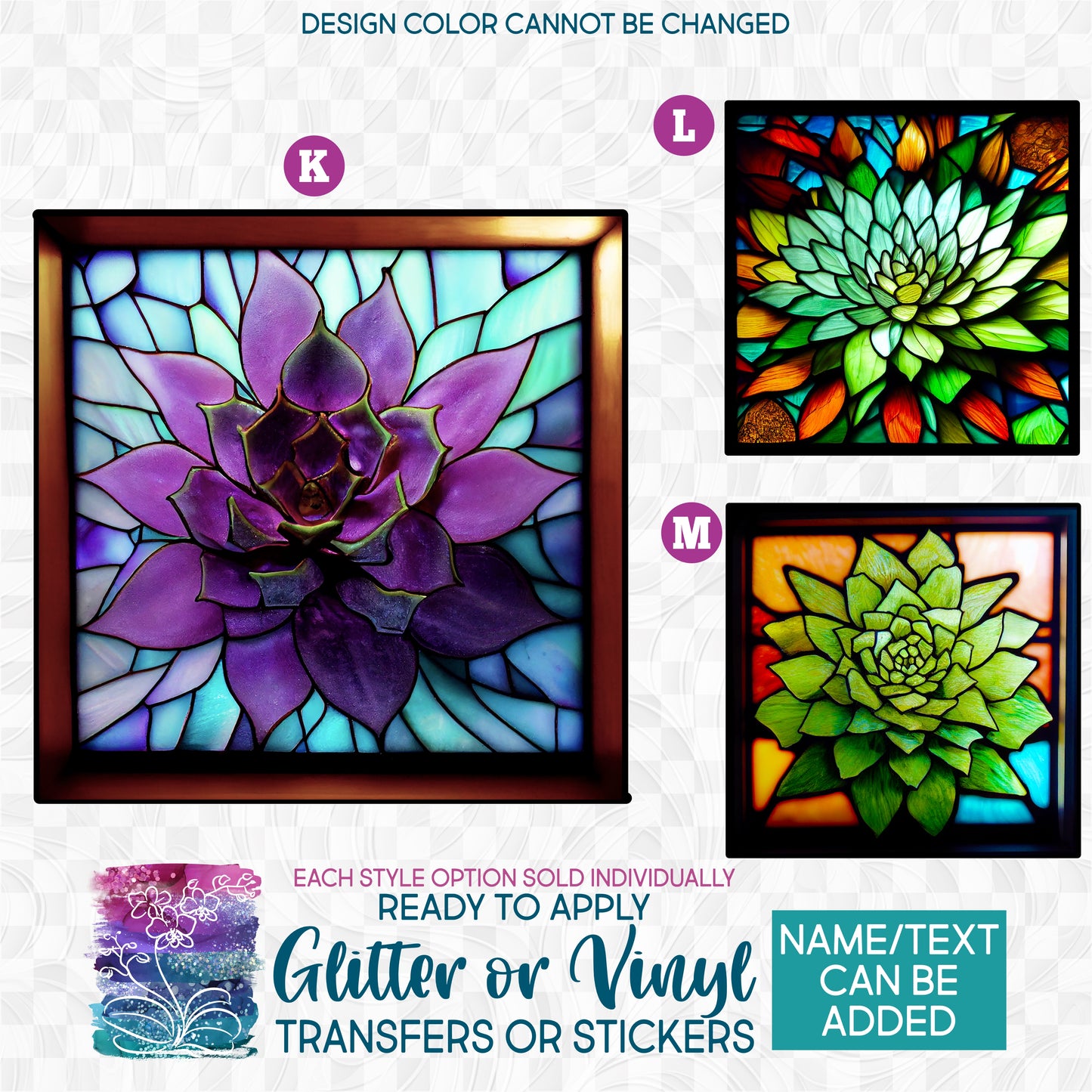 (s150-07) Stained-Glass Succulents 2 Glitter or Vinyl Iron-On Transfer or Sticker