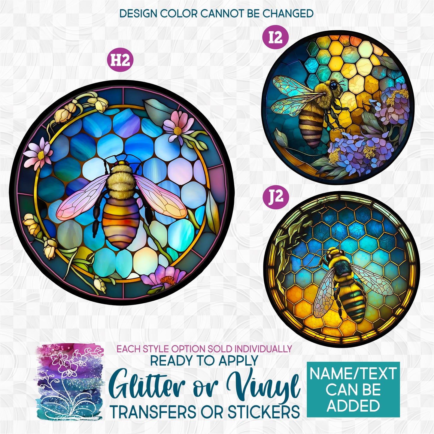 (s150-09) Stained-Glass Honey Bee 7 Glitter or Vinyl Iron-On Transfer or Sticker