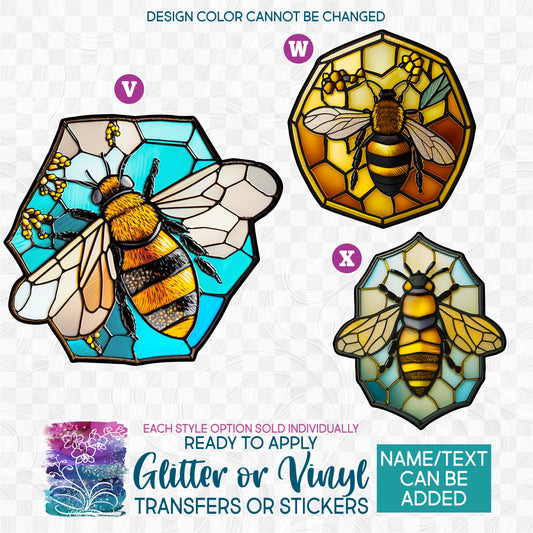 (s150-09) Stained-Glass Honey Bee Glitter or Vinyl Iron-On Transfer or Sticker