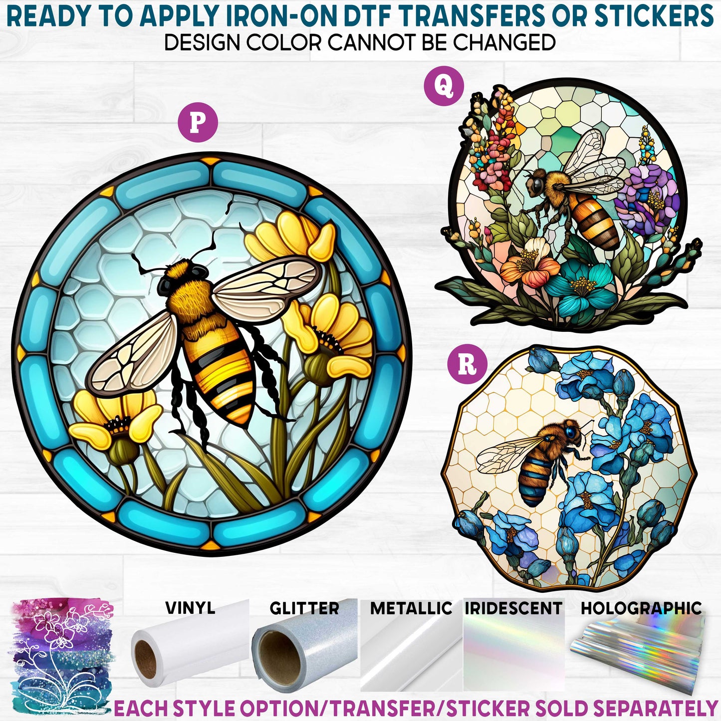 (s150-09) Stained-Glass Honey Bee j Printed Heat Transfer or Sticker