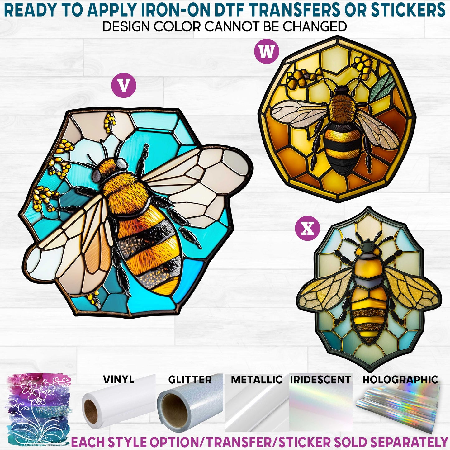 (s150-09) Stained-Glass Honey Bee b Printed Heat Transfer or Sticker