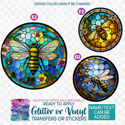(s150-09) Stained-Glass Honey Bee 6 Glitter or Vinyl Iron-On Transfer or Sticker