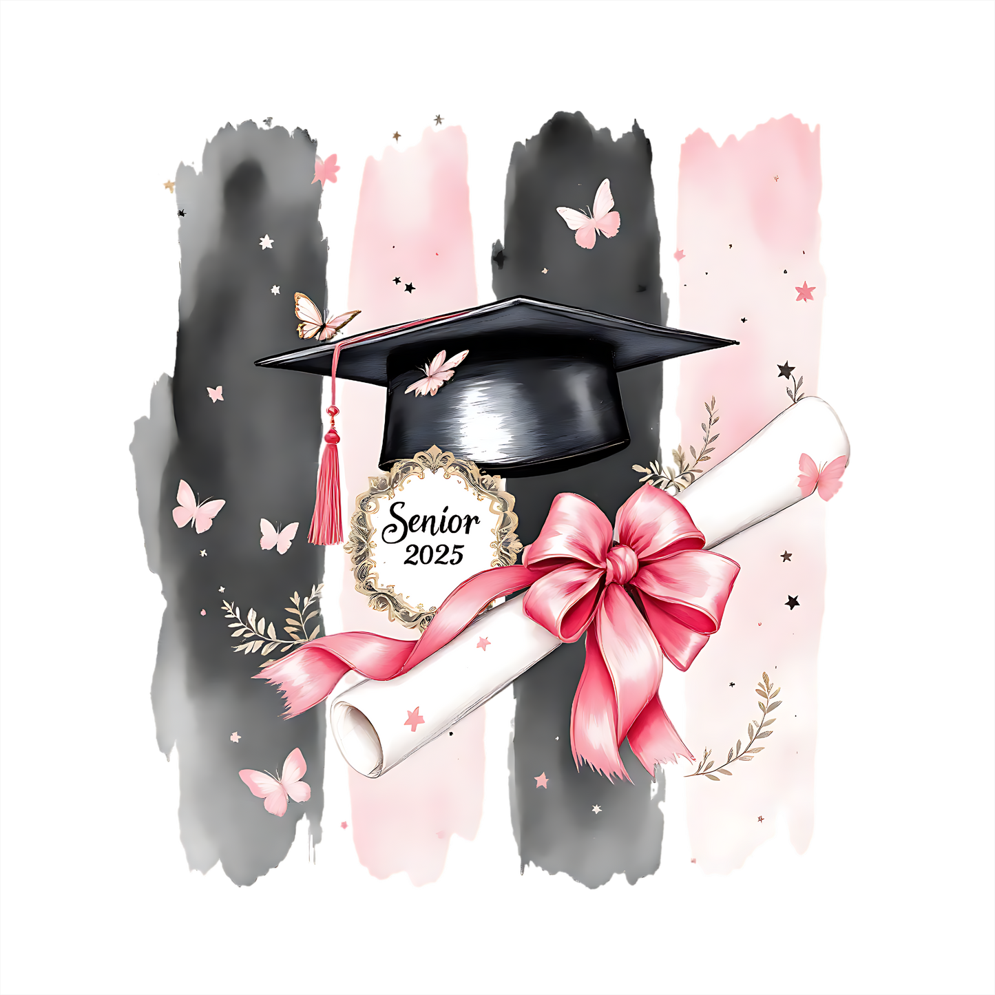 (s151-4-P) Senior 2025 Watercolor Graduation Graduate Pink Black Brushstrokes