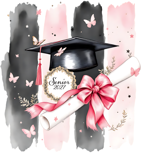 (s151-4-P) Senior 2025 Watercolor Graduation Graduate Pink Black Brushstrokes