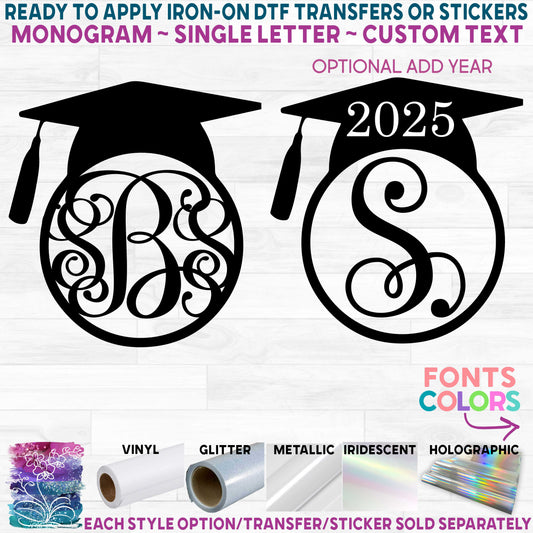 (s151-2B) Graduation Cap Graduate Monogram Printed Heat Transfer or Sticker